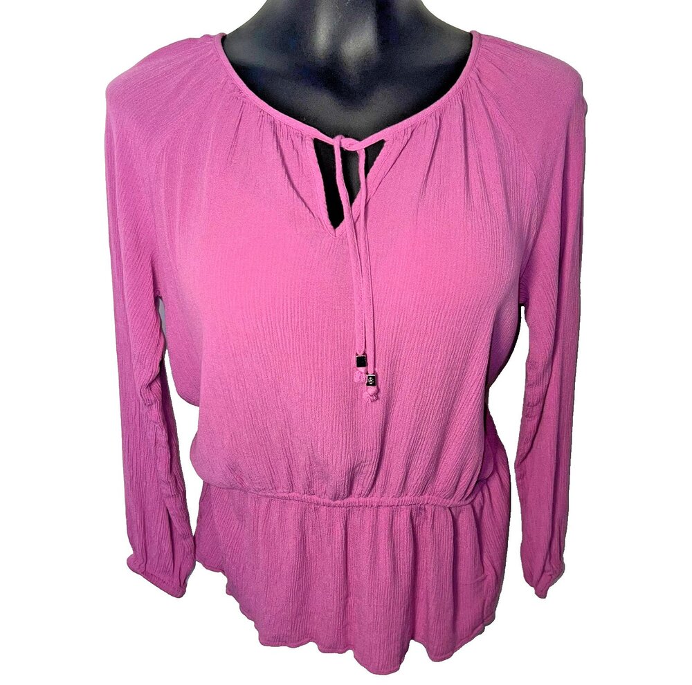 Michael Kors - Blouse Women's Size 6 Pink Rippled Keyhole Neck Ruffle Band Waist